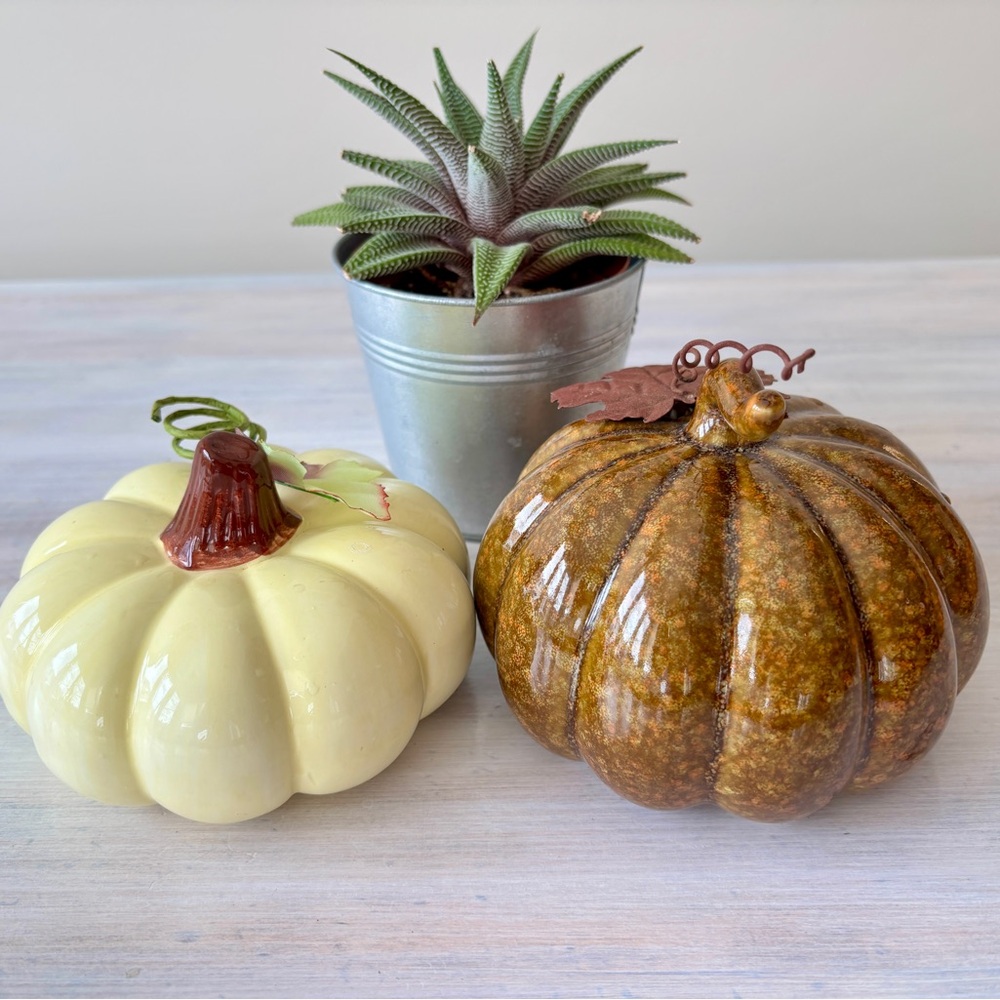Vintage Collections Ceramic Cream & Brown Pumpkin Figurines. Set of Two.